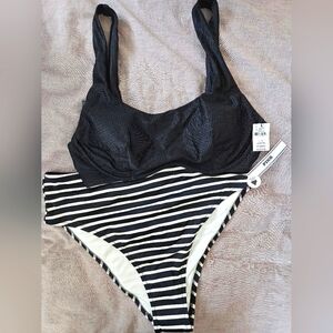NWT PINK Black and White Striped Bikini size Large